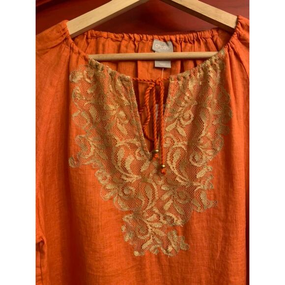 NWT Chico's Size 2 Large 12 Orange Linen Peasant Top Gold Lace Trim Tunic Boho - Picture 4 of 4